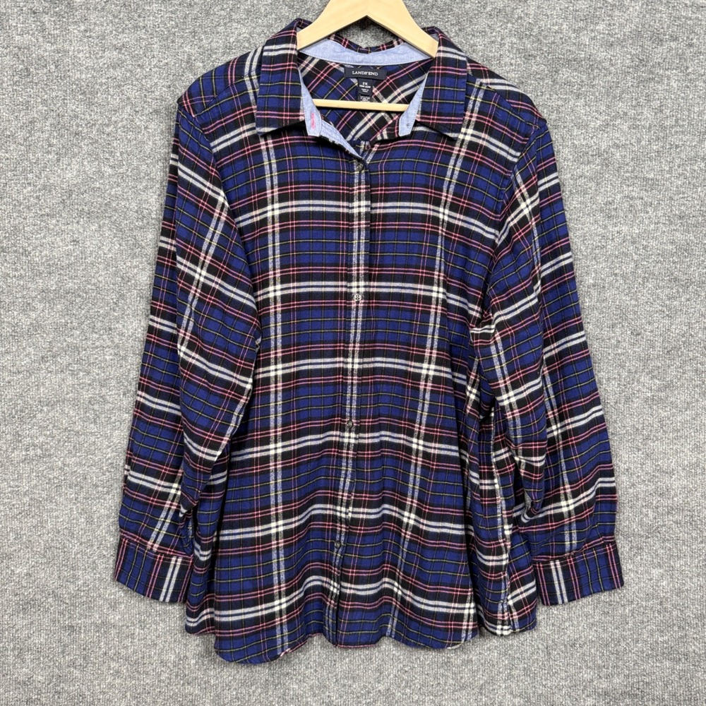 Lands' End Womens Plus Size 2X Shirt Navy Red Plaid Windowpane Cotton Button‎ Up